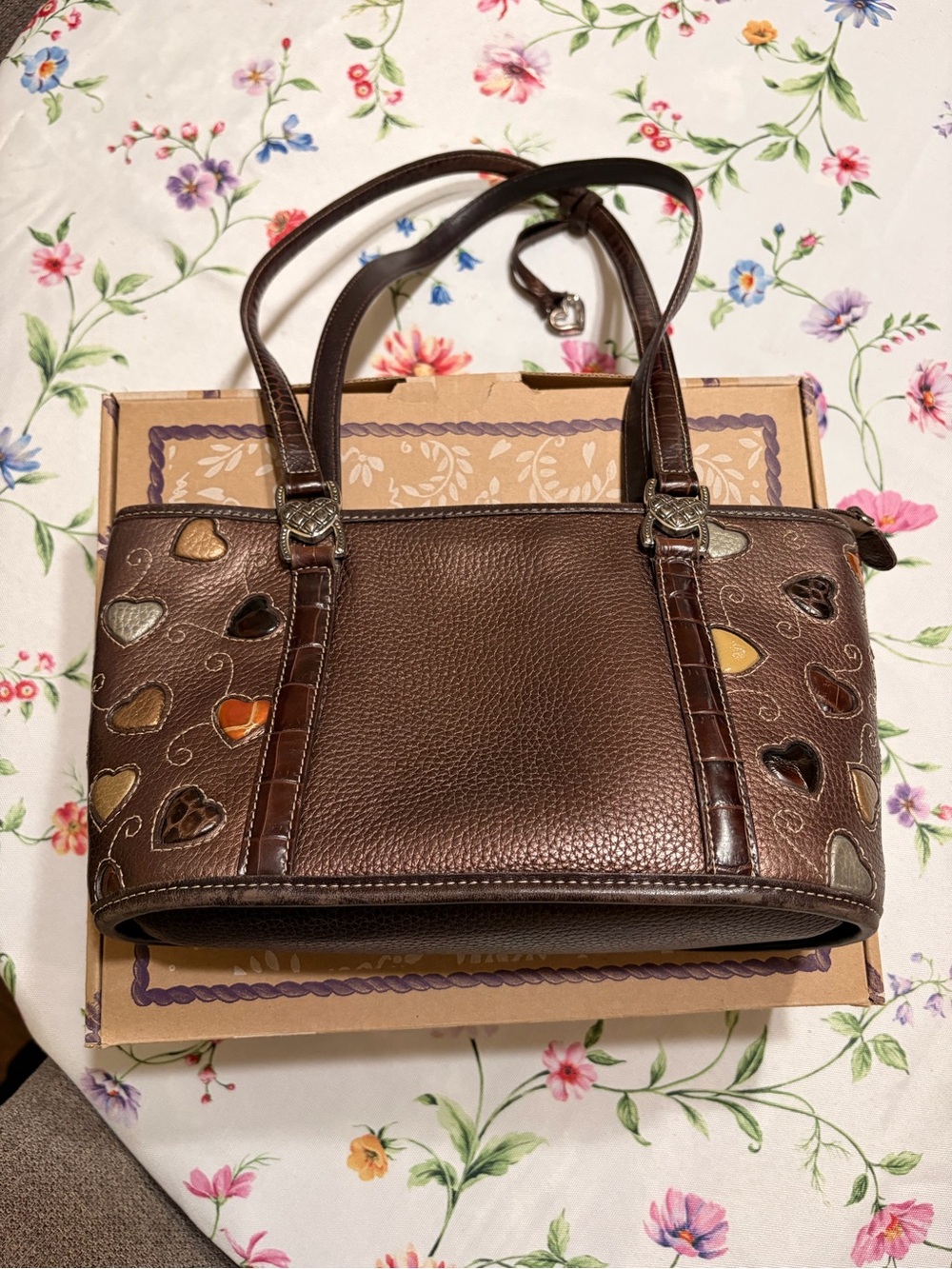Brighton Chocolate Brown Leather Shoulder Bag with Heart accents coach style
